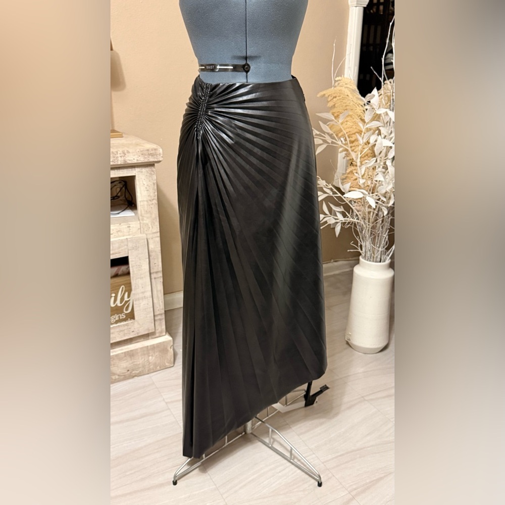 A.L.C. Black Faux-Leather Ruched Pleated Midi Skirt